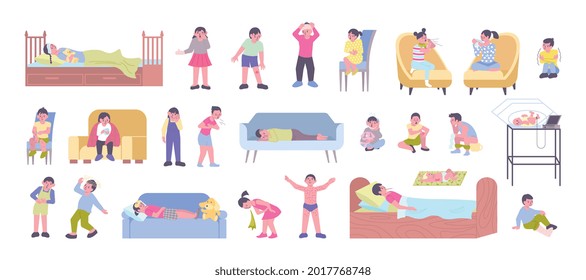 Ill children flat icons set with boys girls babies feeling sick having fever toothache rash cough broken leg isolated vector illustration