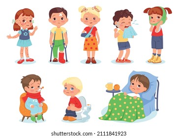 Ill children. Kids illnesses, injuries and ailments. Girls and boys with cast on arm. Health care. Fractures and toothache. Babies with rash, fever or diarrhea. Vector