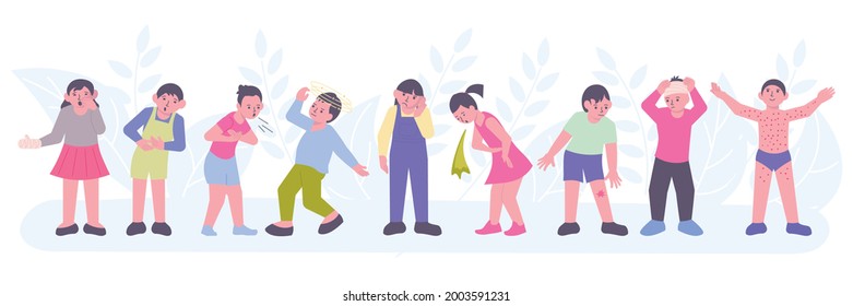 Ill children with toothache headache cough rash vomiting feeling bad flat composition vector illustration