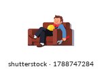 Ill construction worker man with red nose from cold rhinitis sickness fell asleep on home armchair. Sick sleeping resting recovering from fever on couch. Flat handyman character vector illustration
