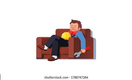 Un trabajador de la construcción enfermo con nariz roja por enfermedad de rinitis fría se quedó dormido en el sillón de casa. Enfermo descansando recuperándose de la fiebre en el sofá. Ilustración vectorial de carácter plano