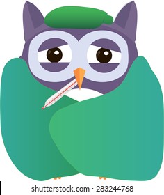 Ill cute vector purple owl with thermometer and hotty.