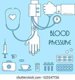Diseño incorrecto, ilustración de línea vectorial. Medición de la presión arterial 