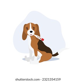 Ill dog concept. Dog with thermometer. Flat vector cartoon illustration