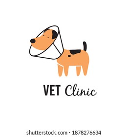 Ill dog illustration for pet veterinary clinic. Cartoon sick dog character for medical pet clinic logo, banner design. Pet care concept.