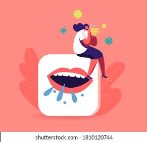 Ill Female Character with Wipe in Hand Sneezing with Runny Nose. Diseased Woman with Weak Immunity Suffering of Virus, Contagious Flu or Cold Disease Infection Symptoms. Cartoon Vector Illustration