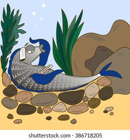 Ill fish. Vector illustration. Sick fish lying on the bottom with a thermometer and compress