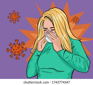 Ill girl sneezes, coughs, wears a protective mask against infectious diseases and as a protection against flu. Coronovirus concept. Vector illustration in pop art style.