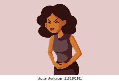 Ill Girl Suffering from Pre-Menstrual Pains Vector Illustration. Unwell woman having belly ache and hurt from PMS
