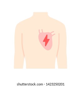 Ill heart flat design long shadow color icon. Sore human organ. People disease. Unhealthy cardiovascular system. Sick internal body part. Physical health. Vector silhouette illustration