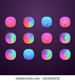 Ill human organs app icons set. Sore heart and lungs. Aching throat and urinary bladder. Unhealthy liver and intestines. UI/UX user interface. Web or mobile applications. Vector isolated illustrations