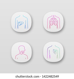 Ill human organs app icons set.  Sore liver and lungs. Aching throat. Unhealthy heart. Sick internal body parts. UI/UX user interface. Web or mobile applications. Vector isolated illustrations