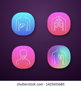 Ill human organs app icons set. Sore liver and lungs. Aching throat. Unhealthy heart. Sick internal body parts. UI/UX user interface. Web or mobile applications. Vector isolated illustrations