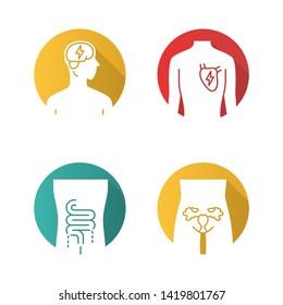 Ill human organs flat design long shadow glyph icons set. Unhealthy brain and heart. Sore intestines and women reproductive system. Sick internal body parts. Vector silhouette illustration