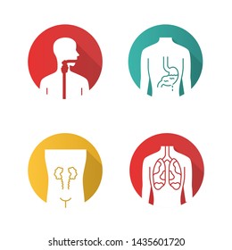 Ill human organs flat design long shadow glyph icons set. Unhealthy throat and stomach. Sore kidneys and lungs. Sick internal body parts. Vector silhouette illustration