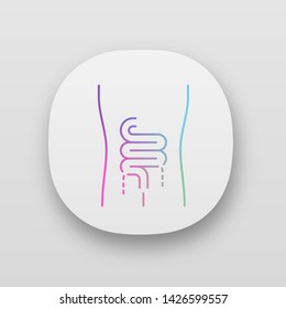 Icono de aplicación de intestinos enfermos. Dolor de órgano humano. Enfermedad de la gente. Sistema digestivo poco saludable. Tracto gastrointestinal. Interfaz de usuario UI/UX. Aplicaciones web o móviles. Ilustraciones aisladas de vectores