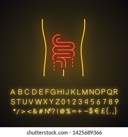 Ill intestines neon light icon. Sore human organ.  Unhealthy digestive system. Gastrointestinal tract. Glowing sign with alphabet, numbers and symbols. Vector isolated illustration