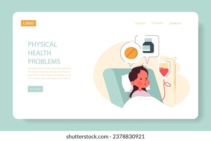 Ill little girl lying in hospital ward bed web banner or landing page. Neglected child struggling with physical health problems. Absence or lack of parental interest. Flat vector illustration