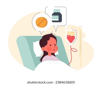 Ill little girl lying in hospital ward bed. Neglected child struggling with physical health problems. Absence and uninvolvement of dad, lack of parental interest to a child. Flat vector illustration