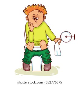 Ill little man with stomach issues sit on lavatory in toilet, vector image