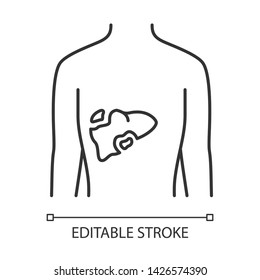 Ill liver linear icon. Hepatitis, cirrhosis. Sore organ. Unhealthy digestive gland. Gastrointestinal tract. Thin line illustration. Contour symbol. Vector isolated outline drawing. Editable stroke