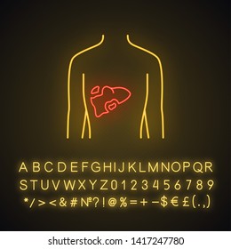 Ill liver neon light icon. Hepatitis, cirrhosis. Sore human organ. Unhealthy digestive gland. Gastrointestinal tract.  Glowing sign with alphabet, numbers and symbols. Vector isolated illustration