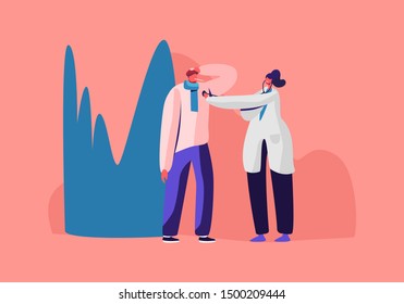 Ill Man With Iced Heater On Head Having Cold Virus Caught Flu Disease. Female Doctor Character Listen Heart Beating And Measuring Temperature With Thermometer, Illness. Flat Vector Illustration