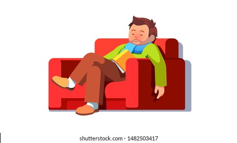 Un hombre enfermo con nariz roja por enfermedad de rinitis fría se quedó dormido leyendo el libro sentado en el sillón de casa. Hombre enfermo con bufanda descansando recuperándose de la fiebre en el sofá. Ilustración vectorial plana