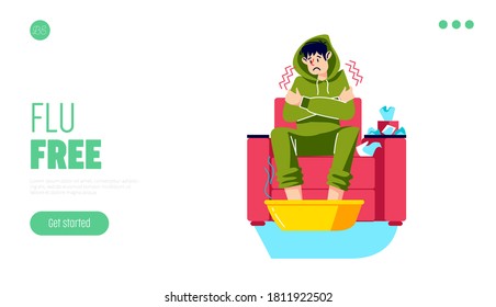 Ill man shivering from cold and fever. Home flu treatment landing page concept. Cartoon male character with high temperature taking medicines from influenza. Vector illustration