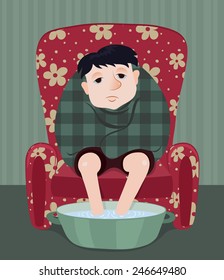 The ill man sits in a red armchair. Cartoon vector illustrator.
