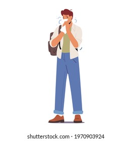 Ill Man Sneezing, Diseased Male Character with Runny Nose Snot and Cough in Wipes Suffering of Contagious Cold Virus Viral Infection, Flu and Influenza Disease Symptoms. Cartoon Vector Illustration