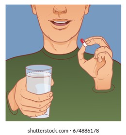 Ill man or woman takes medicine, in one hand he has a pill, in another glass with water, vector image, eps10