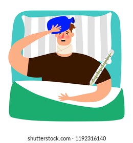 Ill men with feather in his bed, vector illustration