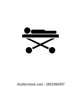 Paciente enfermo que descansa en la cama de rodillo médico. Icono de vector plano. Sencillo símbolo negro sobre fondo blanco. Paciente enfermo Depende de la plantilla de diseño de letreros de camas médicas para elementos de interfaz de usuario web y móvil