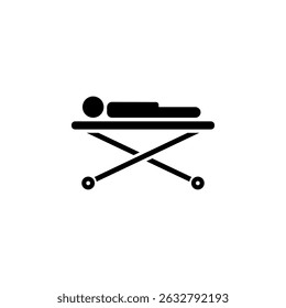 Ill Patient Lying on Medical Roller Bed Solid Flat Vector Icon Isolated on White Background.