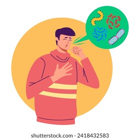 Ill people cough with flying germs around concept. Vector flat graphic design illustration