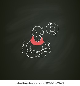 Ill person chalk icon.Covid reinfected or re-ill person suffering shivers and high fever.Covid disease repeated infection and immunity failure. Isolated vector illustration on chalkboard