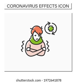 Ill person color icon. Covid reinfected or re-ill person suffering shivers and high fever. Covid disease repeated infection and immunity failure.Isolated vector illustration