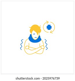 Ill person flat icon. Covid reinfected or re-ill person suffering shivers and high fever. Covid disease repeated infection and immunity failure.Vector illustration