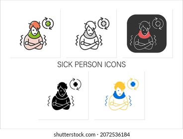 Ill person icons set.Covid reinfected or re-ill person suffering shivers and high fever.Covid disease repeated infection.Collection of icons in linear,filled,color styles.Isolated vector illustrations