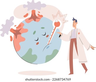 El planeta Tierra con termómetro. Concepto de calentamiento global. El doctor examina y trata el planeta enfermo, hace pruebas. Desastre ecológico en el mundo enfermo. Idea de cambio climático y peligro para la ecología