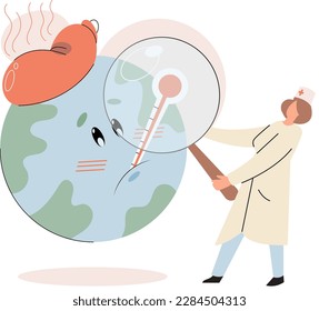 Ill planet Earth with thermometer. Global warming concept. Doctor examines and treats diseased planet, makes tests. Ecological disaster sick globe. Idea of climate change and danger for ecology