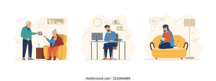 Ill And Recovered People At Office Home Armchair Set. Elderly And Young Man Woman Suffer Influenza Symptoms, Headache, Common Cold Or Infection. Flu, Virus, Characters With Fever Disease Flat Vector