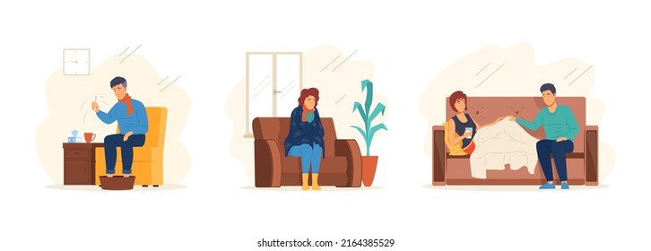 Ill And Recovered People At Office Home Sofa Set. Elderly And Young Man Woman Suffer Influenza Symptoms, Headache, Common Cold Or Infection. Flu, Virus, Characters With Fever Disease Flat Vecto