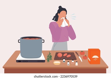 Ill or sneezing person preparing food in unhealthy concept