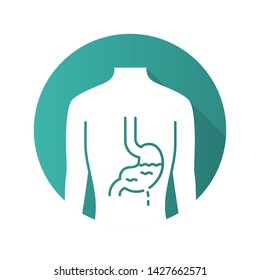 Ill stomach flat design long shadow glyph icon. Gastritis. Sore human organ. People disease. Unhealthy digestive system. Sick internal body part. Gastrointestinal tract. Vector silhouette illustration
