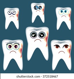 Ill teeth. Different cartoon Teeth with caries. Health. Teeth is bad. Teeth is getting worth. Cartoon sick tooth. Bad teeth. Vector illustration of the ill teeth. 