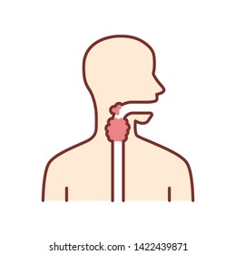 Ill throat color icon. Angina, tonsillitis. People disease. Upper section of alimentary canal. Sick internal body part. Gastrointestinal tract. Isolated vector illustration
