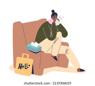 Ill unhealthy woman with flu or cold sneezing in handkerchief sitting in armchair at home. Girl suffer from infection, virus, fever from seasonal influenza illness. Cartoon flat vector illustration