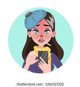 Ill woman holding mobile phone and tap on screen. Person with gadget. Vector illustration in cartoon style
